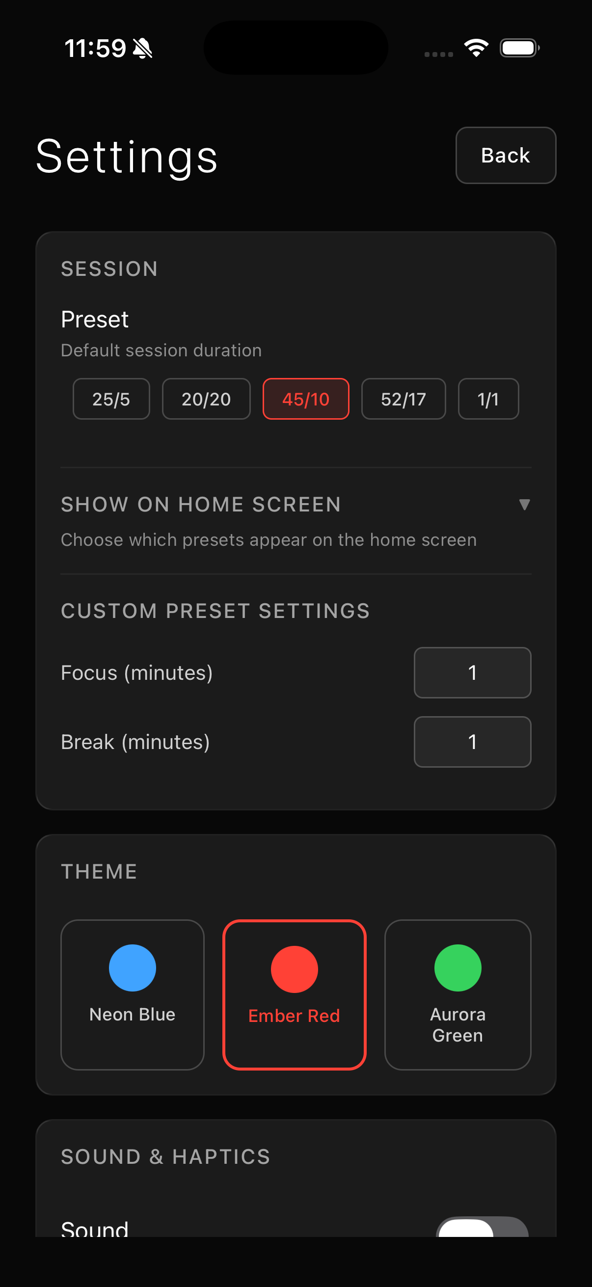 QuietHalo app screen showing neon blue, ember red, aurora green.