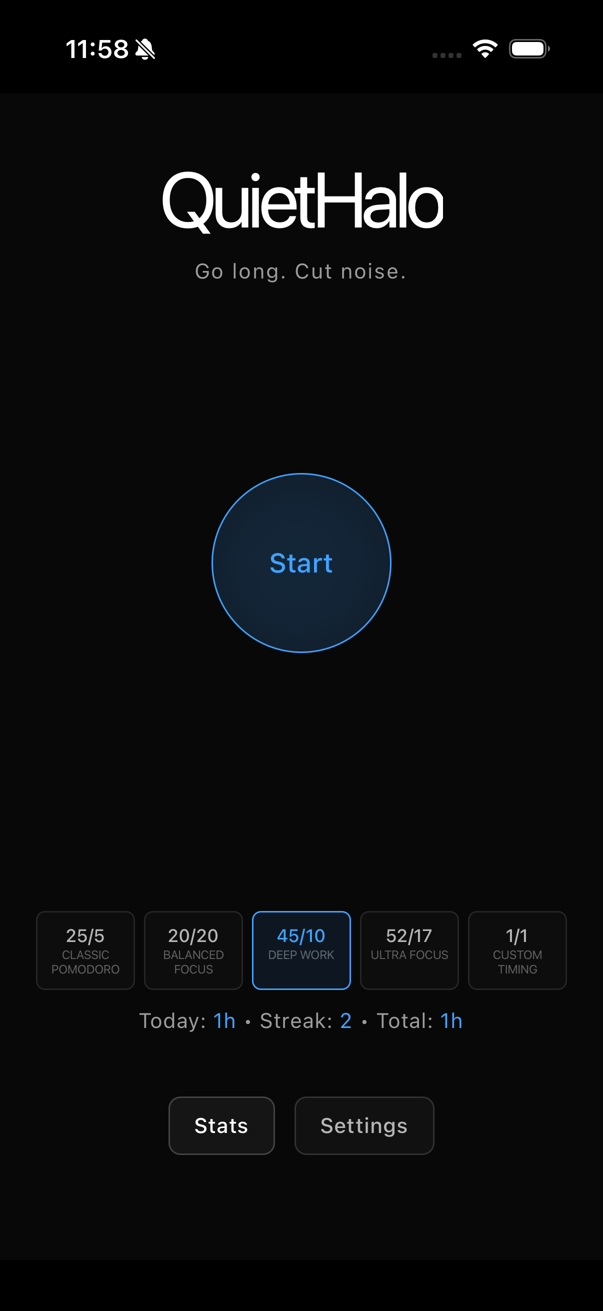 QuietHalo app screen showing time made visible through neon glow.